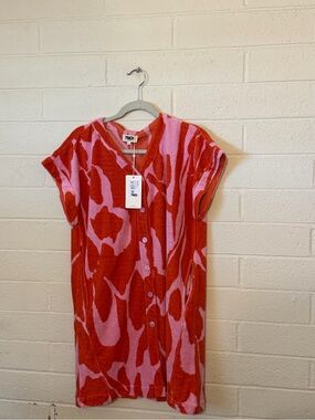 NWT FRNCH Paris Celtica Terry Cloth Dress Pink Orange Abstract Shirt Dress S